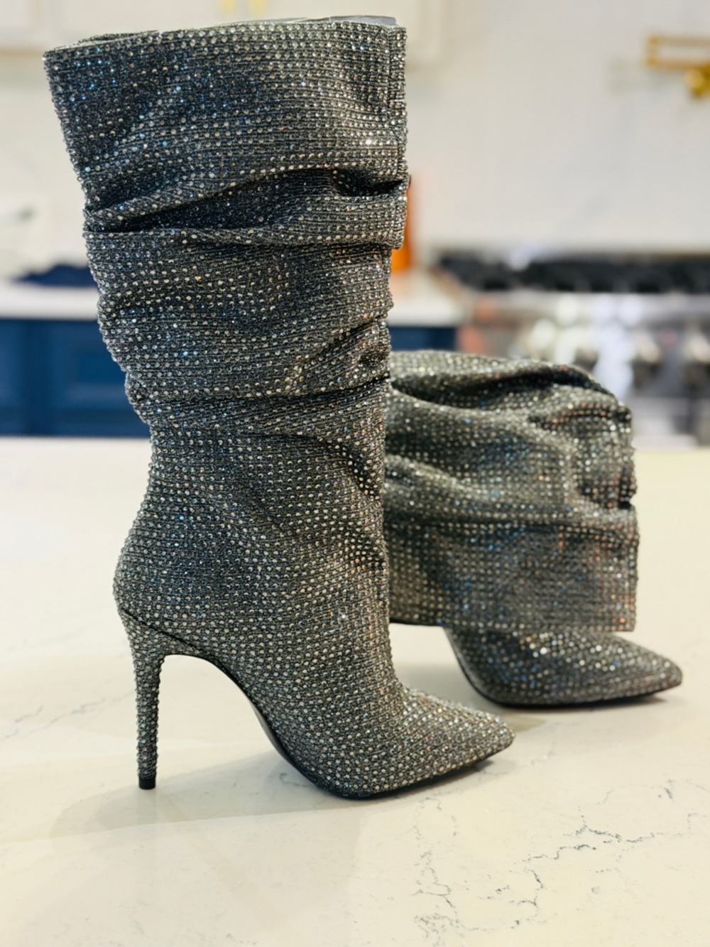 Silver Rhinestone Slouch Stiletto Boots - Women's